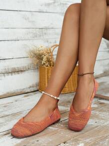 Giày bệt ba lê thời trang dành cho nữ, Chi tiết đan mũi vuông Colorblock Giày bệt xỏ ngón - trái cam - Xem 3