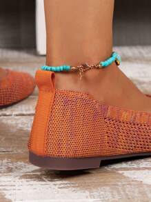 Giày bệt ba lê thời trang dành cho nữ, Chi tiết đan mũi vuông Colorblock Giày bệt xỏ ngón - trái cam - Xem 4