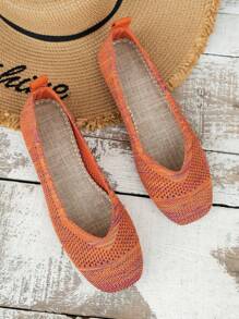 Giày bệt ba lê thời trang dành cho nữ, Chi tiết đan mũi vuông Colorblock Giày bệt xỏ ngón - trái cam - Xem 5