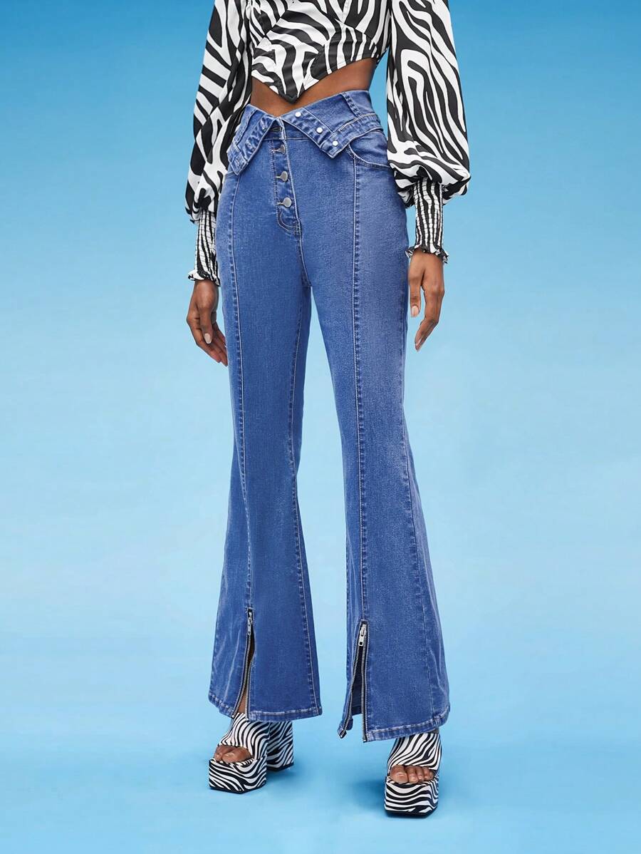 Evelyn Q 腰部折疊下擺開叉牛仔喇叭褲 - 中等水洗藍 - 查看 1