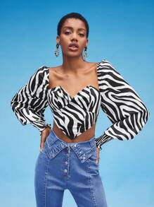 Evelyn Q Designer Zebra Striped Print Sweetheart Neck Lantern Sleeve Crop Top, For Holiday, Vacation - Black and White - View 1