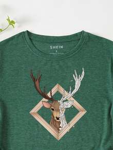 SHEIN LUNE Camiseta ciervo con con estampado geométrico - Verde - Ver 4