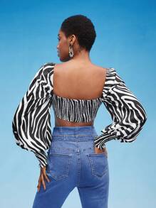 Evelyn Q Designer Zebra Striped Print Sweetheart Neck Lantern Sleeve Crop Top, For Holiday, Vacation - Black and White - View 2