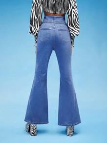 Evelyn Q 腰部折疊下擺開叉牛仔喇叭褲 - 中等水洗藍 - 查看 4