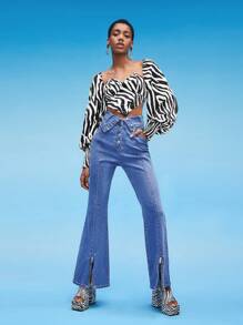 Evelyn Q Designer Zebra Striped Print Sweetheart Neck Lantern Sleeve Crop Top, For Holiday, Vacation - Black and White - View 4