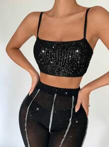 SHEIN BAE 亮片裝飾吊帶短上衣 - 黑色 - 查看 2
