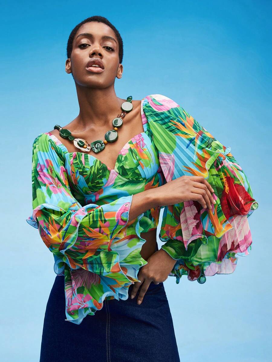 SHAQUITA GARCIA Tropical Print Lettuce Trim Layered Sleeve Crop Top - Multicolor - View 1