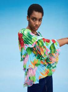 SHAQUITA GARCIA Tropical Print Lettuce Trim Layered Sleeve Crop Top - Multicolor - View 2