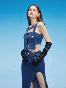 THE MOON IN LEO Áo khoác denim nữ Nút Dây kéo màu trơn Gợi cảm - Rửa tối - Xem 5