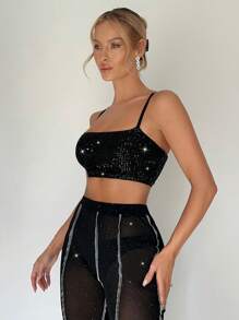 SHEIN BAE 亮片裝飾吊帶短上衣 - 黑色 - 查看 5