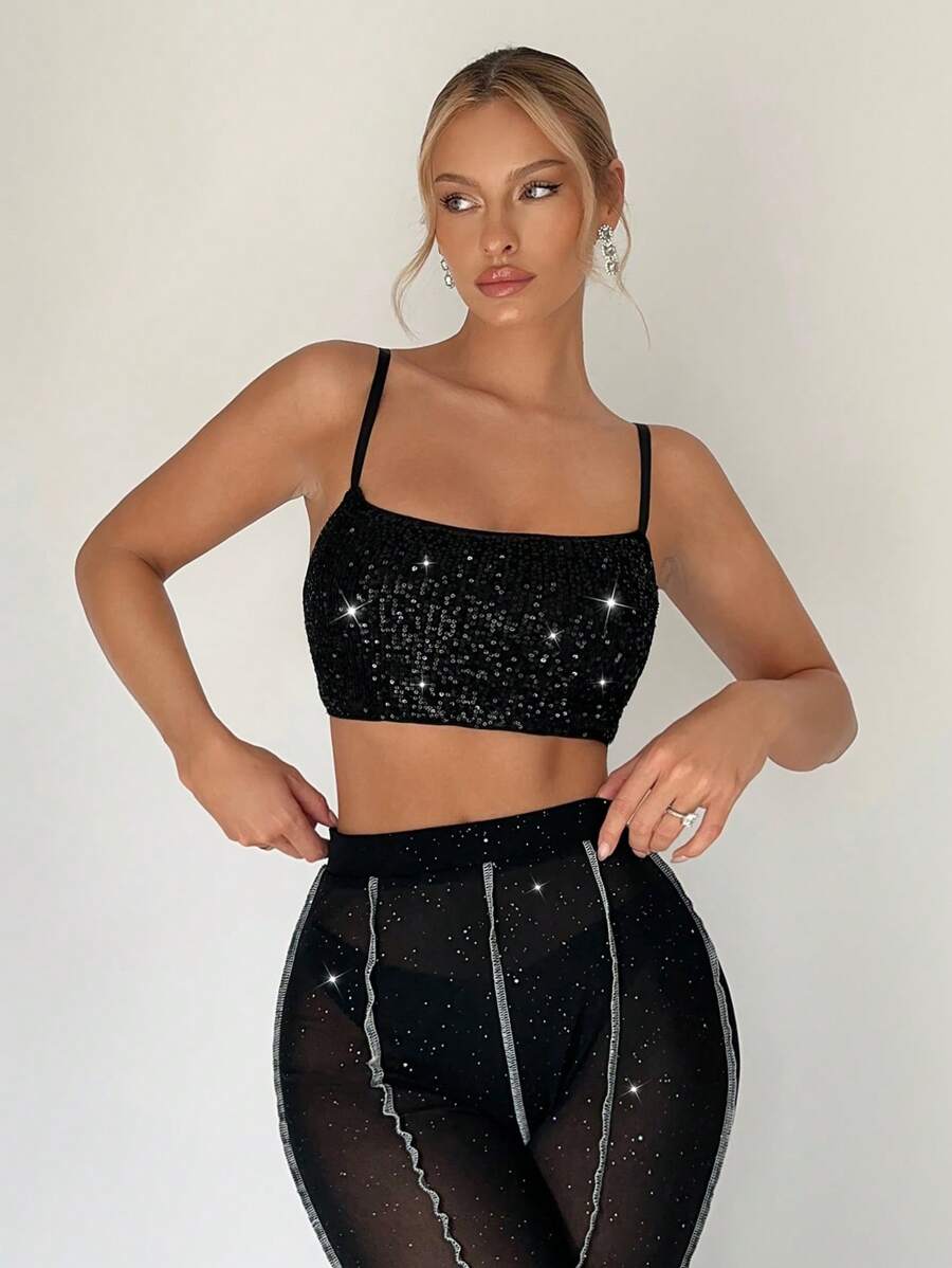 SHEIN BAE 亮片裝飾吊帶短上衣 - 黑色 - 查看 1