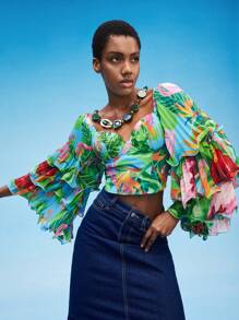 SHAQUITA GARCIA Tropical Print Lettuce Trim Layered Sleeve Crop Top - Multicolor - View 6