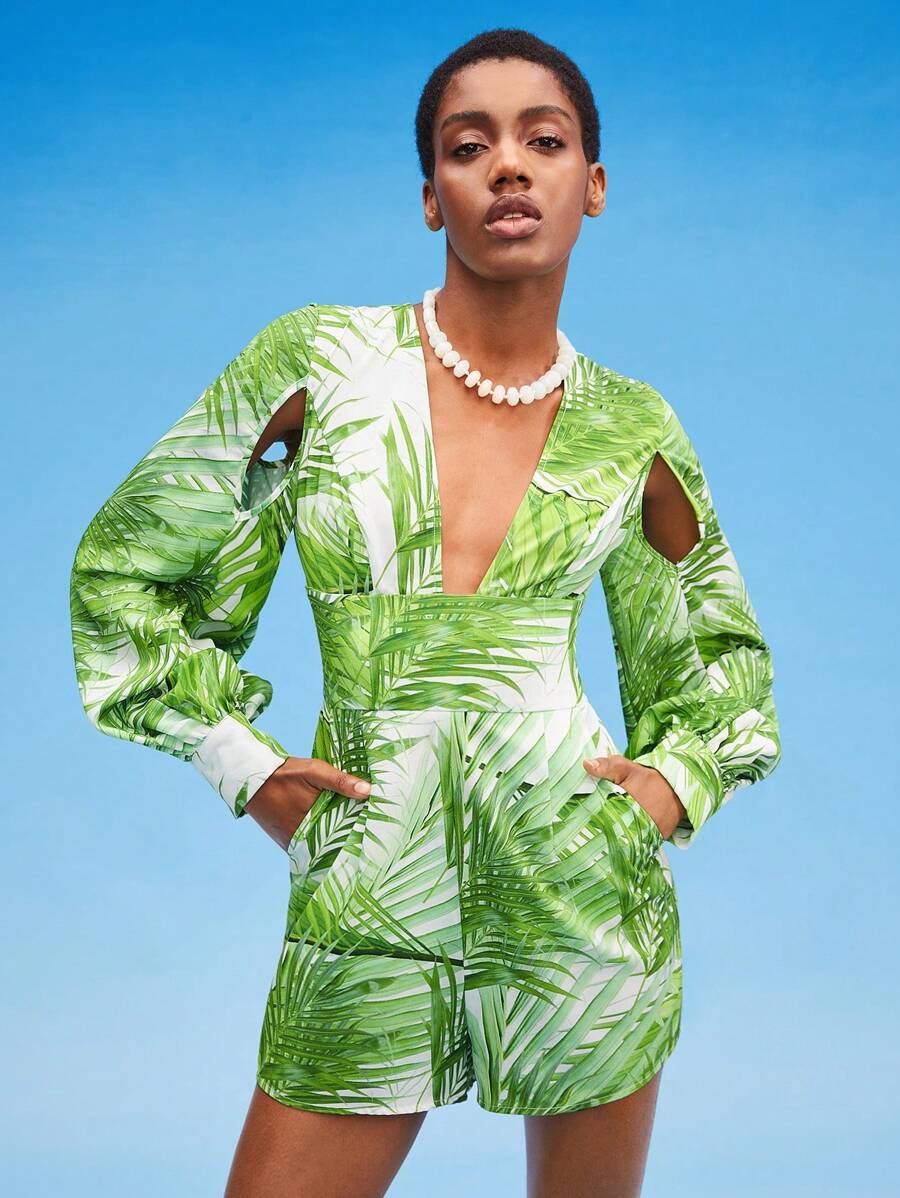 Dé Johnea Bianca Áo liền quần nữ Cắt ra Dây kéo Nhiệt đới Boho - Màu xanh chanh - Xem 1