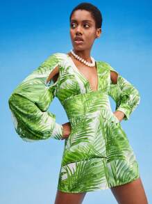 Dé Johnea Bianca Áo liền quần nữ Cắt ra Dây kéo Nhiệt đới Boho - Màu xanh chanh - Xem 3