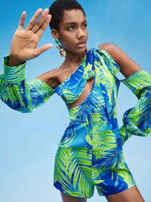 Dé Johnea Bianca 设计师热带印花镂空不对称领口灯笼袖连体衣，适合假期 - 彩色 - 查看 4