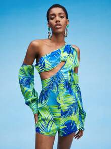 Dé Johnea Bianca 设计师热带印花镂空不对称领口灯笼袖连体衣，适合假期 - 彩色 - 查看 6