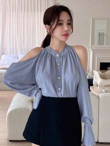 DAZY Cold Shoulder Button Front Flounce Sleeve Blouse - Dusty Blue - View 5