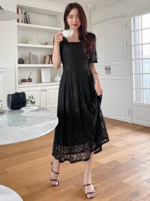 DAZY Square Neck Puff Sleeve Lace Overlay Dress Sundress Wedding Women Dresses - Black - View 6
