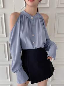 DAZY Cold Shoulder Button Front Flounce Sleeve Blouse - Dusty Blue - View 7