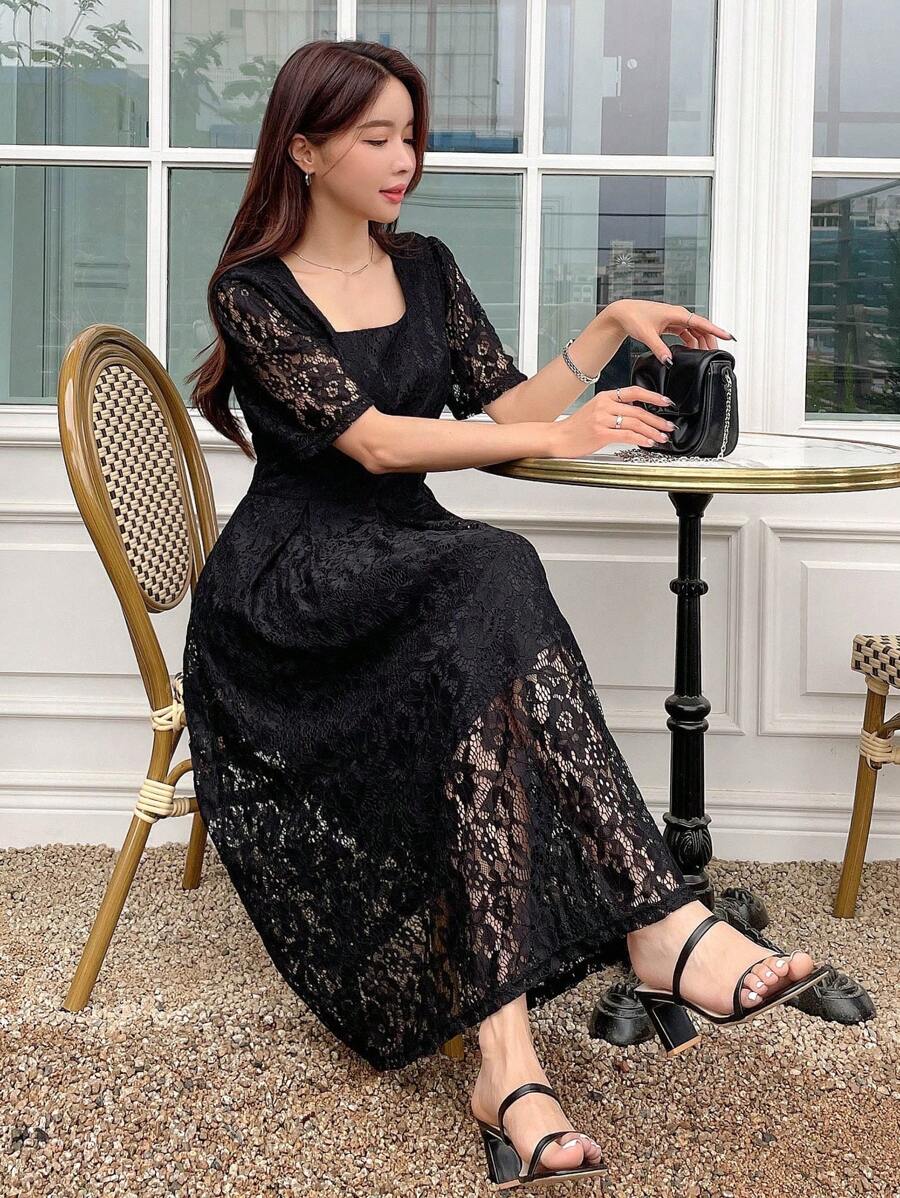DAZY Square Neck Puff Sleeve Lace Overlay Dress Sundress Wedding Women Dresses - Black - View 1