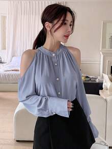 DAZY Cold Shoulder Button Front Flounce Sleeve Blouse - Dusty Blue - View 8
