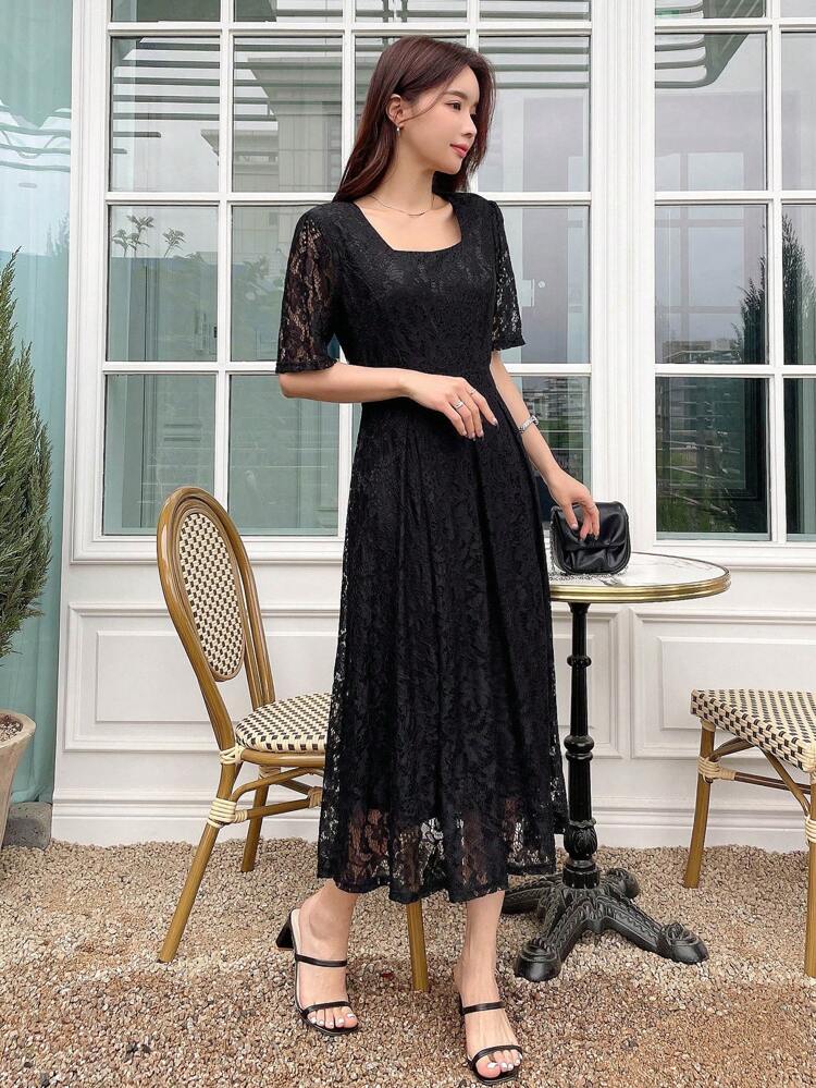 Square Neck Puff Sleeve Lace Overlay Dress Sundress Wedding Women Dresses Maxi Dress