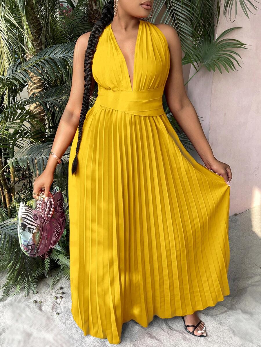 SHEIN SXY Plus Plunging Neck Pleated Hem Tie Backless Halter Neck Dress - Yellow - View 1