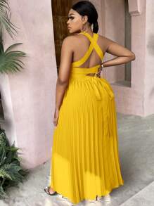 SHEIN SXY Plus Plunging Neck Pleated Hem Tie Backless Halter Neck Dress - Yellow - View 2