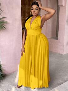 SHEIN SXY Plus Plunging Neck Pleated Hem Tie Backless Halter Neck Dress - Yellow - View 3