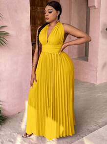 SHEIN SXY Plus Plunging Neck Pleated Hem Tie Backless Halter Neck Dress - Yellow - View 5