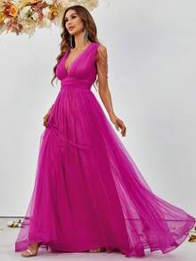 Váy phù dâu Tương phản Mesh Xù Dây kéo màu trơn - Màu Hồng Tươi - Xem 4