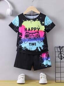 SHEIN 小男童字母圖案T恤和短褲 - 彩色 - 查看 1