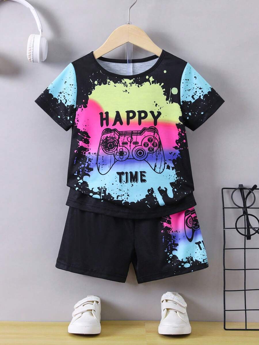 SHEIN 小男童字母圖案T恤和短褲 - 彩色 - 查看 1