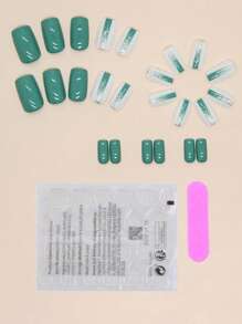 提升你風格帶24入組長款方形金屬亮絲全覆蓋假指甲成套工具 - 彩色 - 查看 2