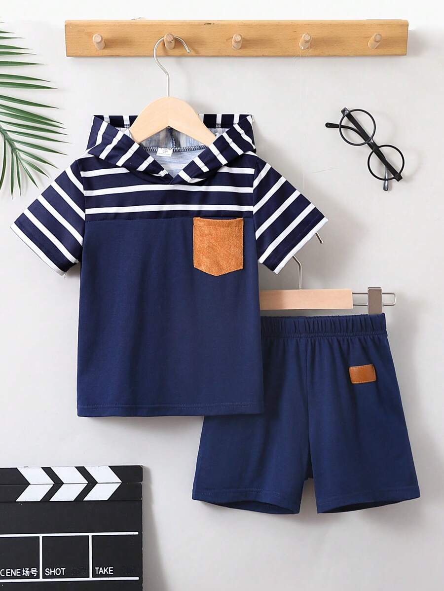 SHEIN 小男童條紋圖案補丁貼口袋連帽T恤和短褲 - 藏蓝色 - 查看 1