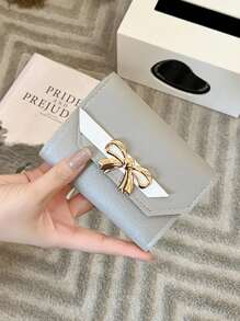 Bow Decor Fold Over Small Wallet Colourblock - Grey - View 1