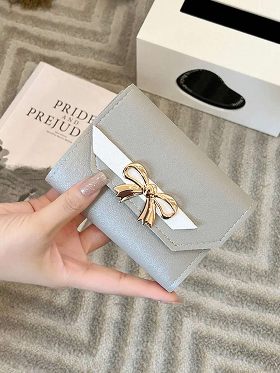 Bow Decor Fold Over Small Wallet Colourblock - Grey - View 1