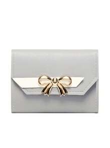 Bow Decor Fold Over Small Wallet Colourblock - Grey - View 3