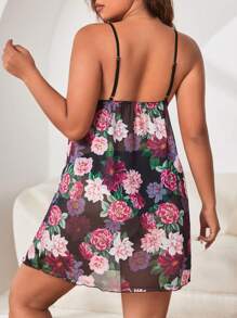 Plus Floral Print Frill Trim Mesh Sexy Pajama Night Dress