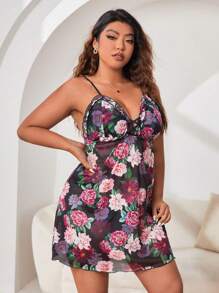 Plus Floral Print Frill Trim Mesh Sexy Pajama Night Dress
