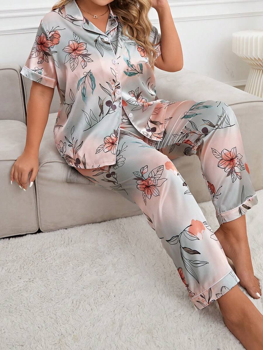 Plus Floral Print Contrast Piping Satin PJ Set - Multicolor - View 1