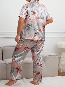 Plus Floral Print Contrast Piping Satin PJ Set - Multicolor - View 2