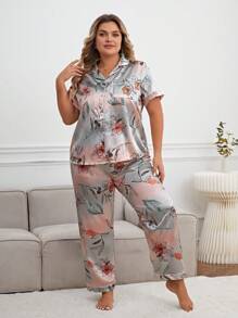 Plus Floral Print Contrast Piping Satin PJ Set - Multicolor - View 3