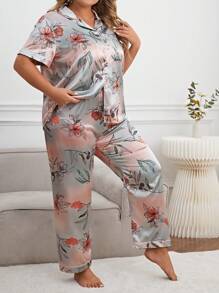 Plus Floral Print Contrast Piping Satin PJ Set - Multicolor - View 5