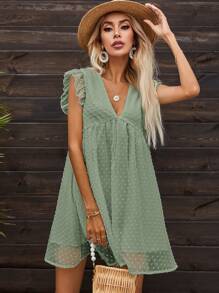 SHEIN Frenchy Swiss Dot Ruffle Trim Smock Dress - Olive Green - View 1