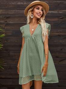 SHEIN Frenchy Swiss Dot Ruffle Trim Smock Dress - Olive Green - View 4