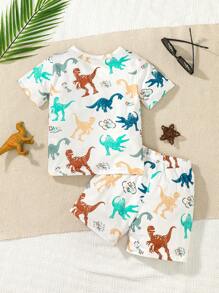 SHEIN 小男童恐龍印花T恤和短褲 - 白色 - 查看 2