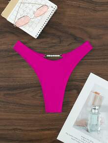 人造珍珠裝飾鏤空吊脖泳衣下裝 - 玫紅色 - 查看 5