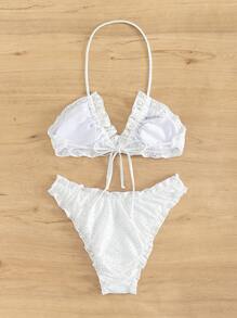 Swim SXY Summer Beach Frill Trim Halter Bikini Set - White - View 4