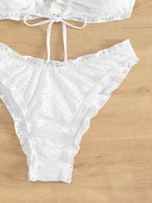 Swim SXY Summer Beach Frill Trim Halter Bikini Set - White - View 5